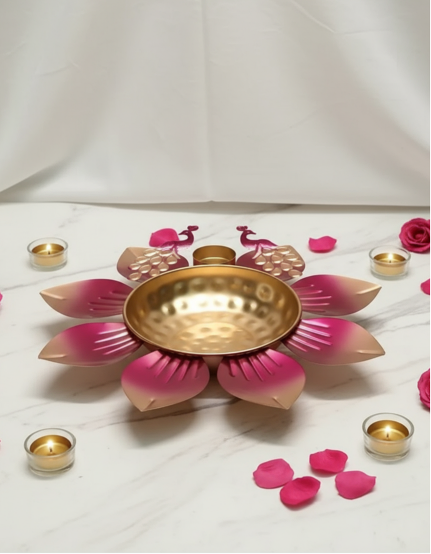 Lotus-Shaped Decorative Thali with Peacock Motif