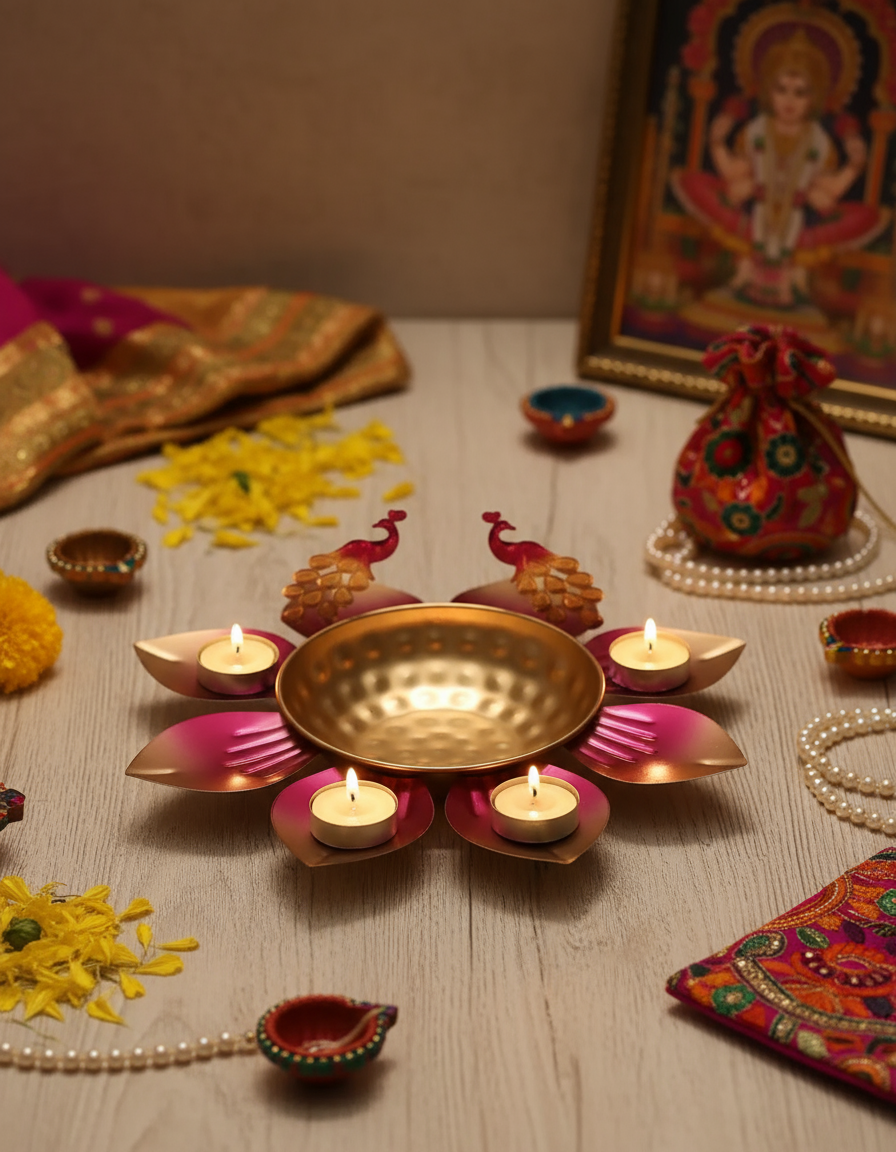 Lotus-Shaped Decorative Thali with Peacock Motif