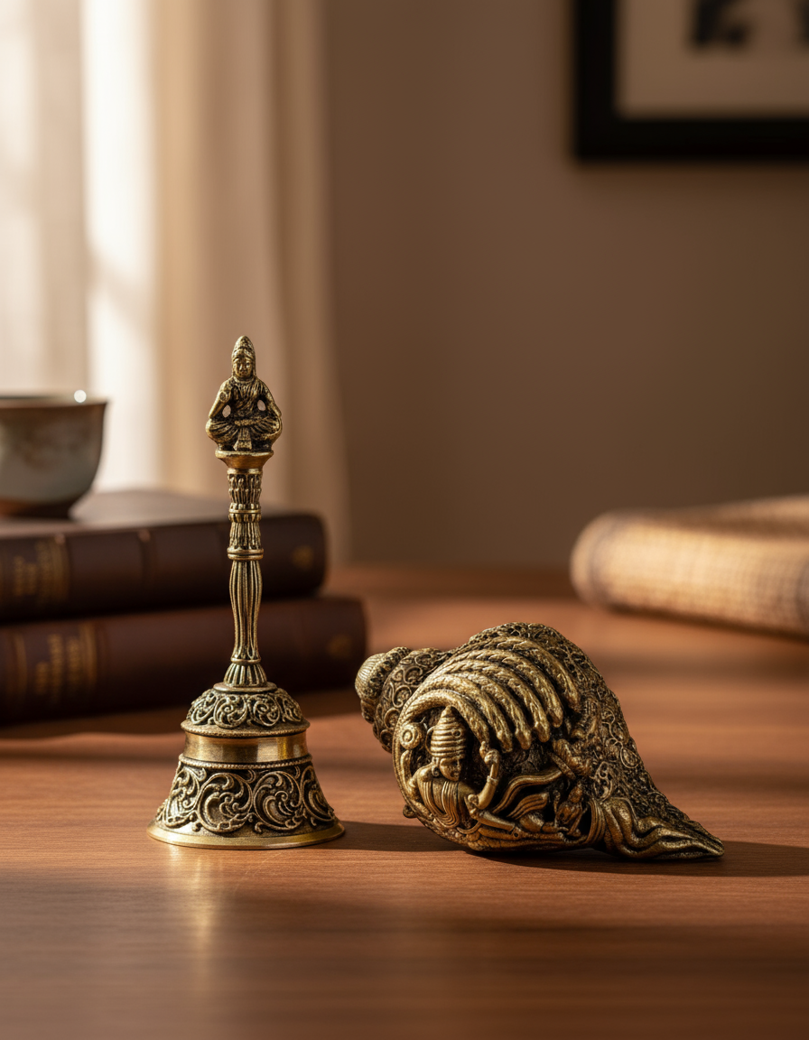 Ashthadhatu Decorative Shankh (70g) and Ashthadhatu Pooja Bell COMBO