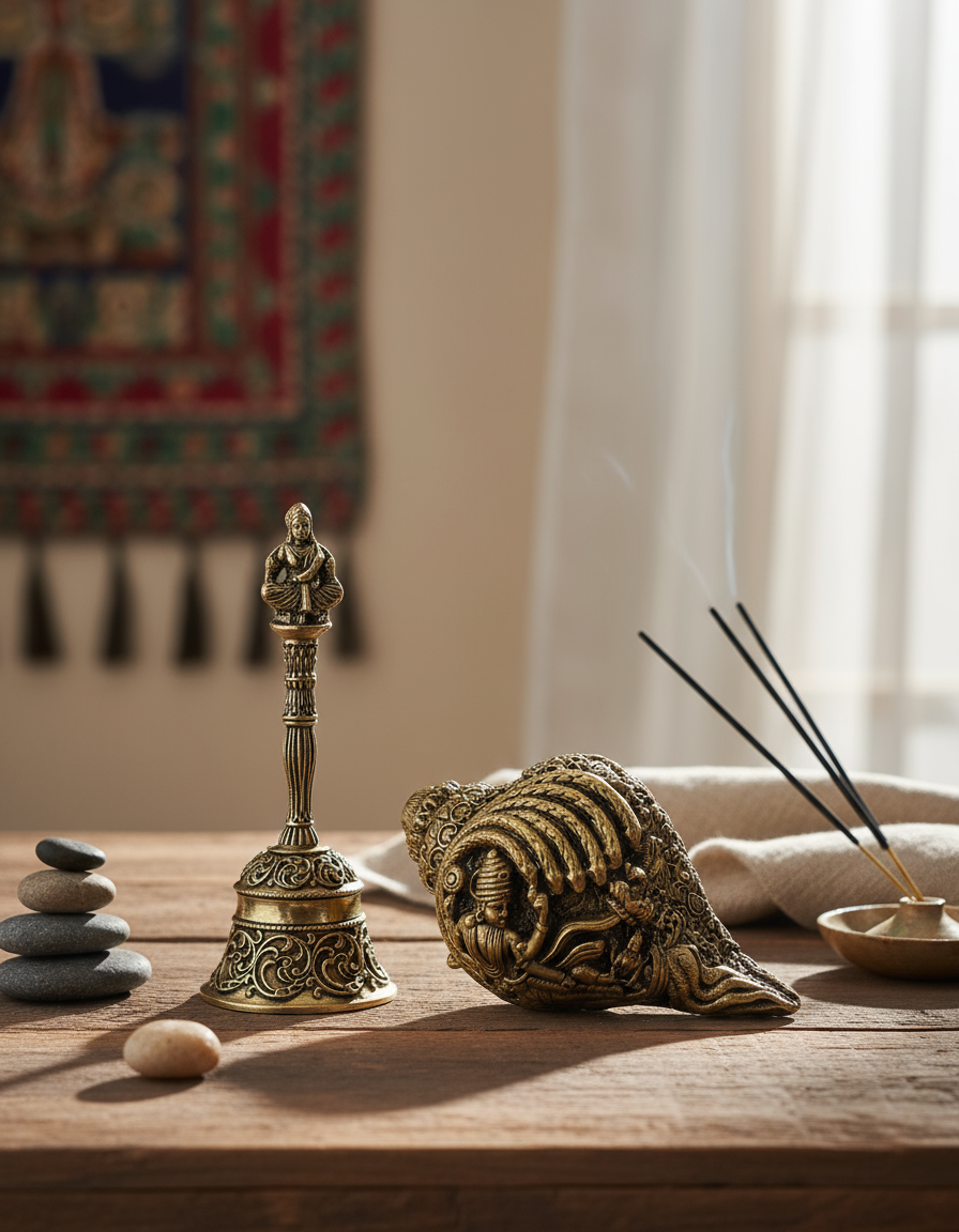 Ashthadhatu Decorative Shankh (70g) and Ashthadhatu Pooja Bell COMBO