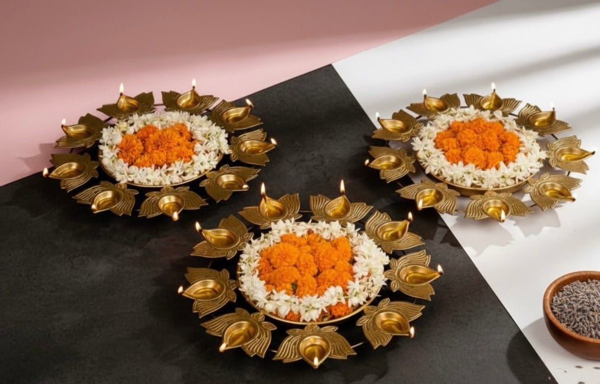 Lotus Urli with Attached Diyas – Decorative Pooja Bowl