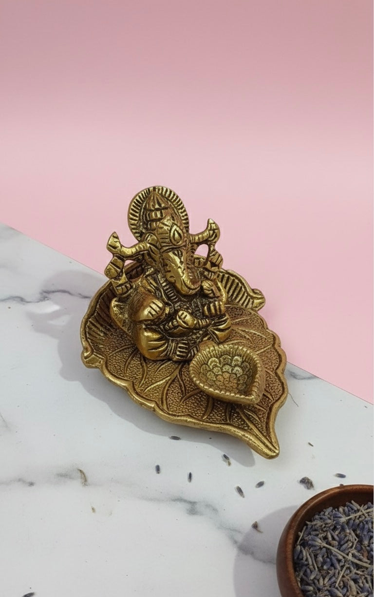 Brass Ganesha Diya on Lotus Leaf