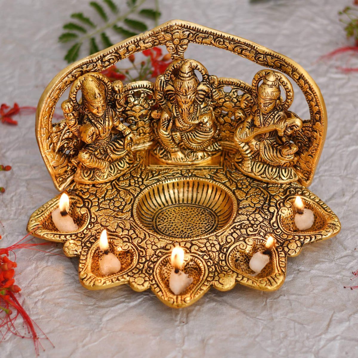 Lakshmi Ganesha Saraswati Brass Diya Stand