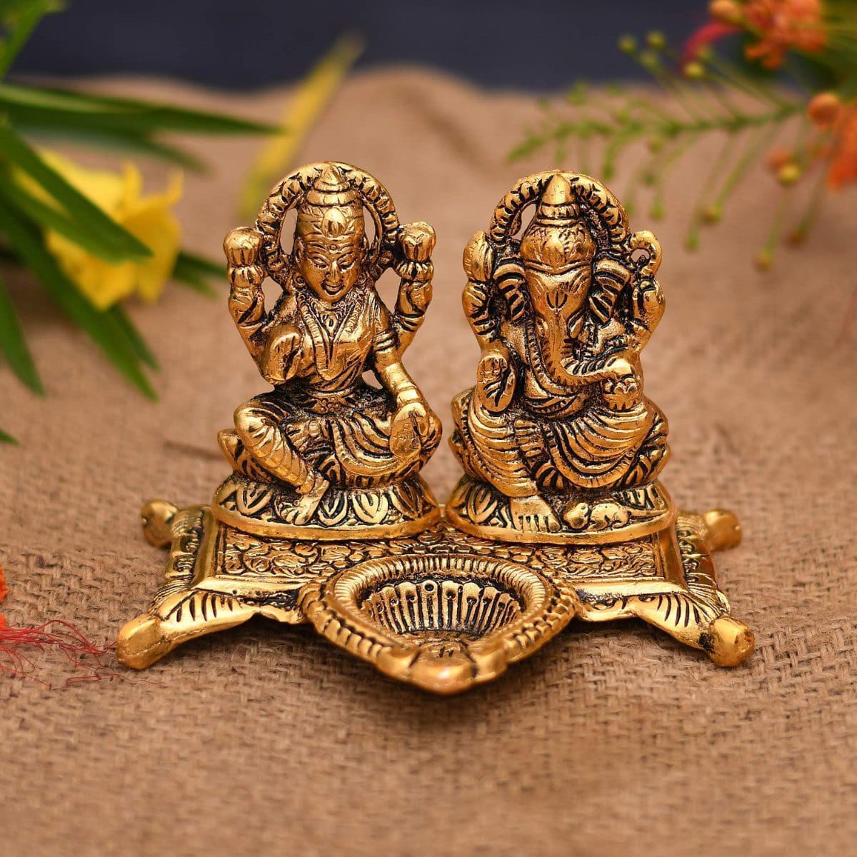 Lakshmi & Ganesha Brass Idol with Diya