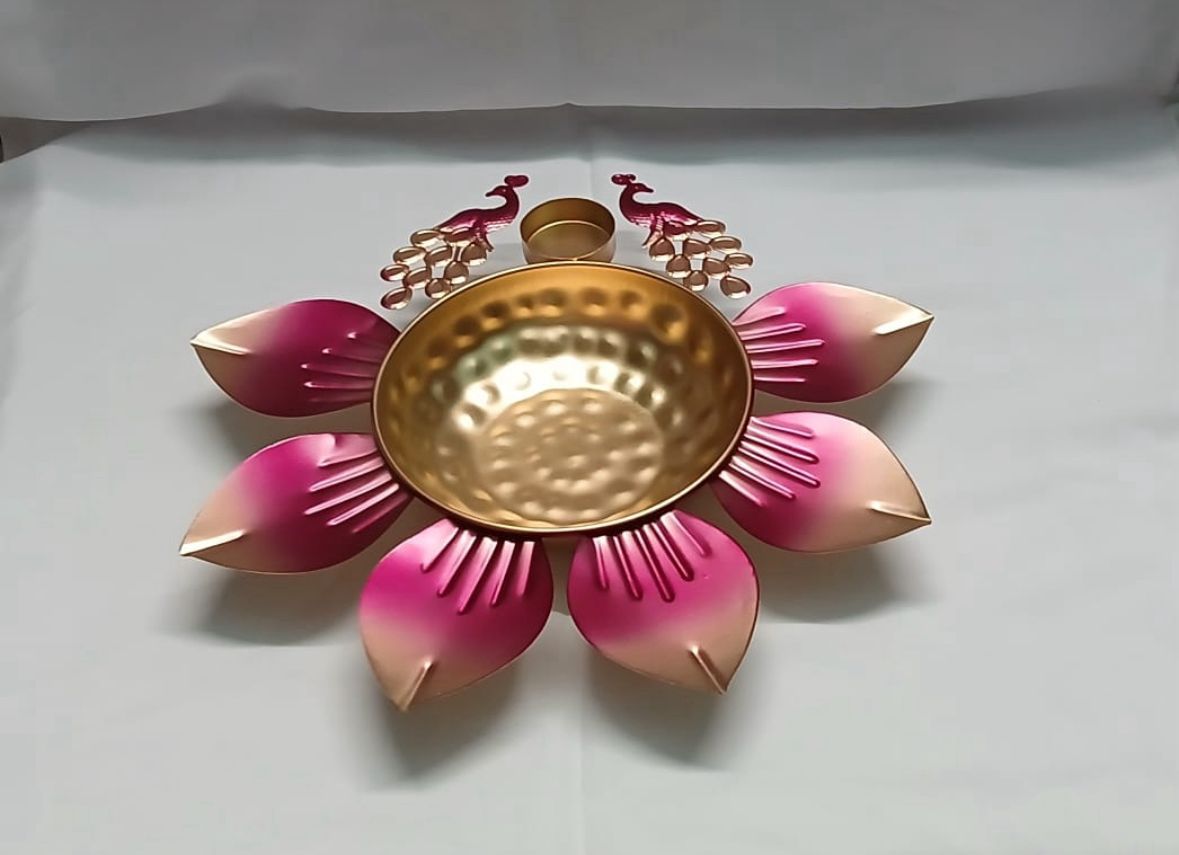Lotus-Shaped Decorative Thali with Peacock Motif